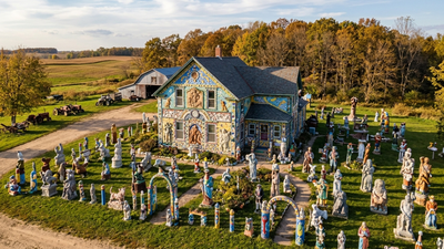 a wisconsin dairy farmer sprained his ankle and began sculpting 15 years later nick engelbert had transformed his farmhouse into grandview with over 40 statues and colourful decorations