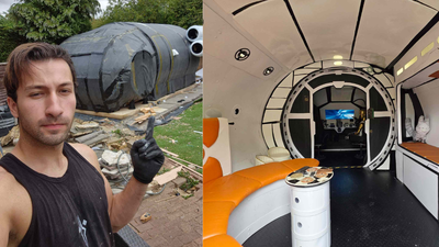 british prop maker spends 9000 building a backyard spaceship with a bar seating that doubles as a bed and a screen showing distant planets