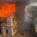 firefighters attempt to extinguish fire at the site of the ukraines academy of sciences building hit by a russian jet powered drone strike amid russias attack on ukraine in kyiv ukraine
