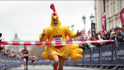 giant chicken crosses marathon finish