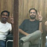 saurav das chief spokesperson of the cockroach janta party cjp ashutosh ranka co convenner of cjp and ajinkya shinde pose for a picture from what the party says inside the parliament street