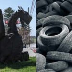 the fire breathing mechanism transforms the tire sculpture into a spectacular roadside attraction that commands attention