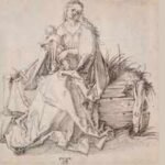 the virgin and child with a flower on a grassy bench